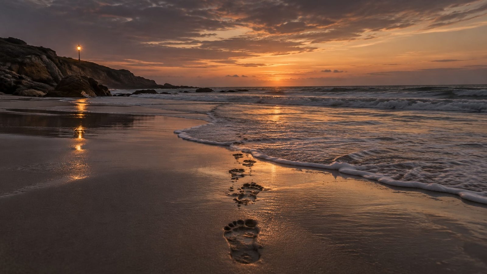 Pegadas na areia molhada ao entardecer, sendo apagadas aos poucos pelas ondas, com um poste de luz solitário ao longe