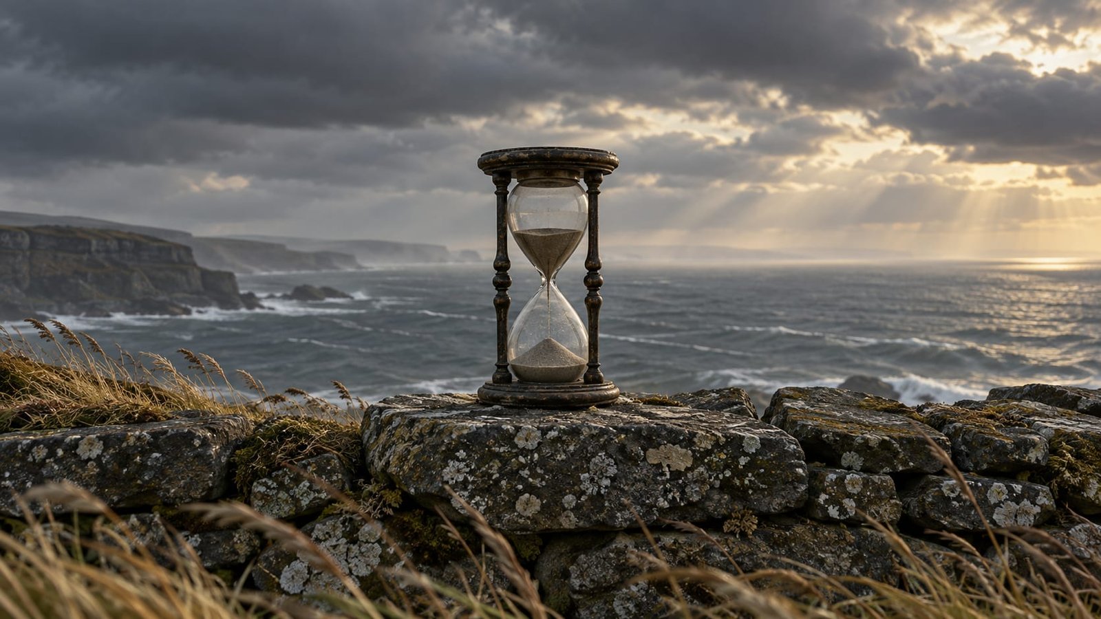 Ampulheta antiga sobre um muro de pedra gasto diante de um mar cinzento do norte, sob nuvens baixas e pesadas e luz pálida de fim de tarde
