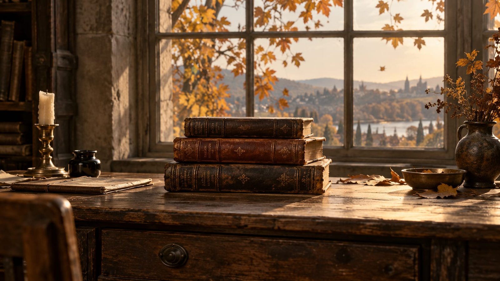 Livros de poesia antigos, com capa de couro, sobre uma carteira escolar de madeira junto a uma janela alta, com folhas de outono do lado de fora e luz quente de fim de tarde