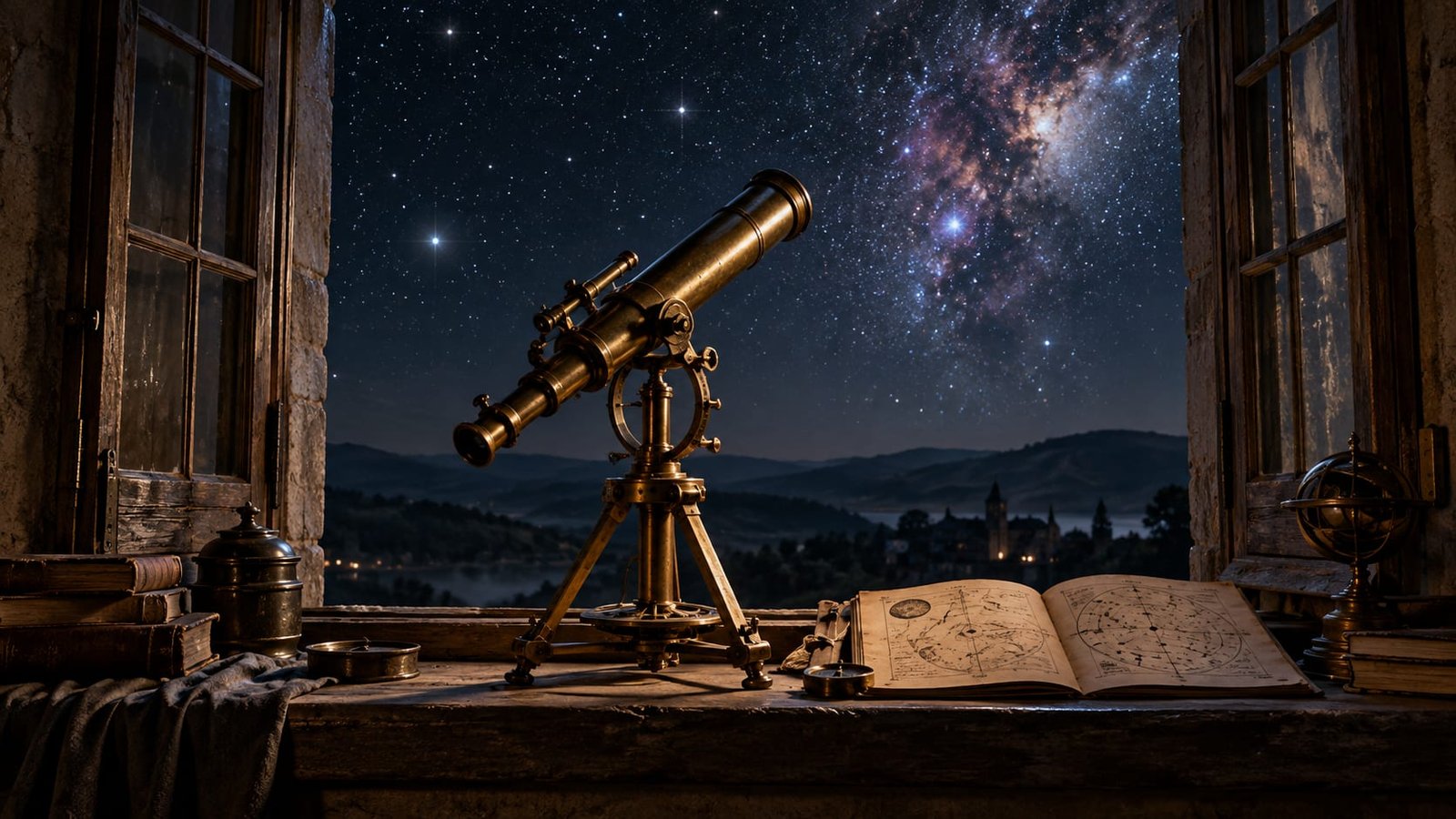 Luneta antiga de latão apontada para um céu estrelado através de uma janela aberta, com um caderno de mapas celestes desenhados à mão no parapeito e o brilho tênue de uma nebulosa distante