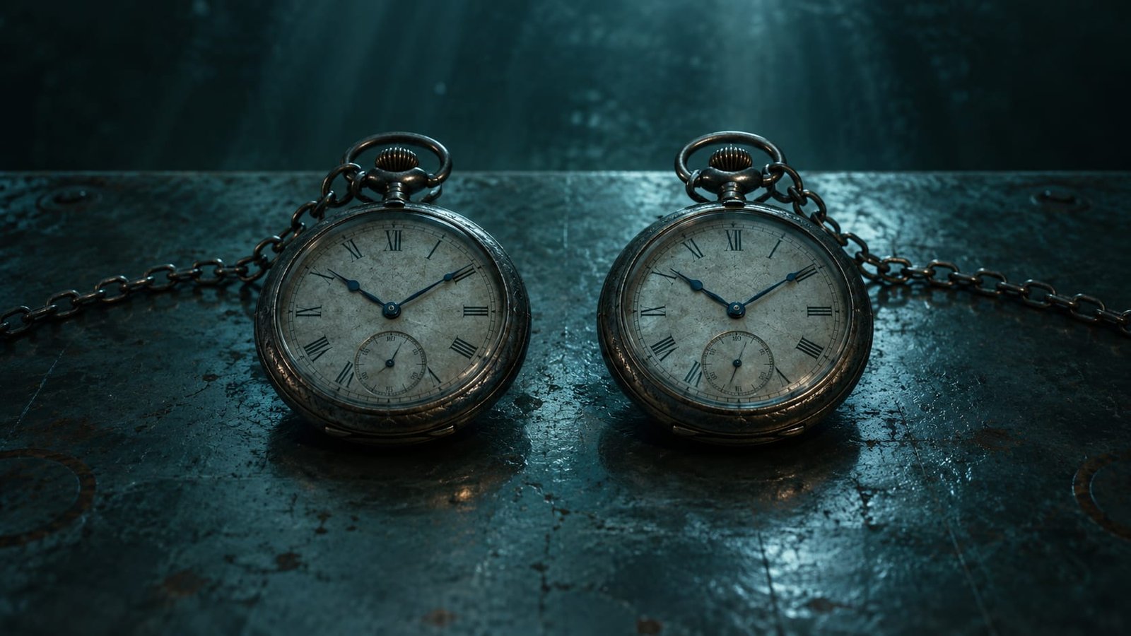 Dois relógios de bolso idênticos lado a lado sobre uma mesa de metal fria, marcando a mesma hora, sob uma luz azul-esverdeada de águas profundas