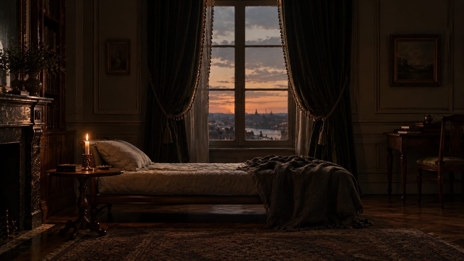 Sala de estar elegante do século XIX, vazia ao anoitecer, com pesadas cortinas de veludo entreabertas e uma vela quase apagada ao lado de um divã desarrumado