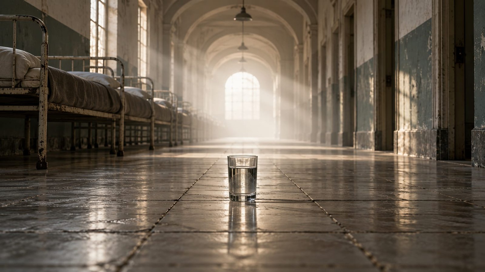 Corredor comprido e vazio de uma instituição antiga, dissolvendo-se numa luz branca leitosa, com estrados de cama de ferro enfileirados e um copo de água no chão