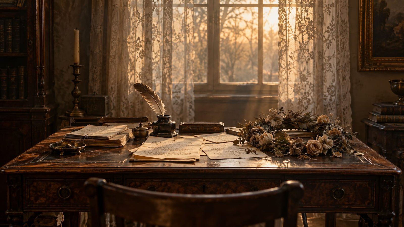 Escrivaninha antiga com um tinteiro, uma pena e folhas manuscritas amareladas, ao lado de uma coroa de flores secas, sob luz de fim de tarde
