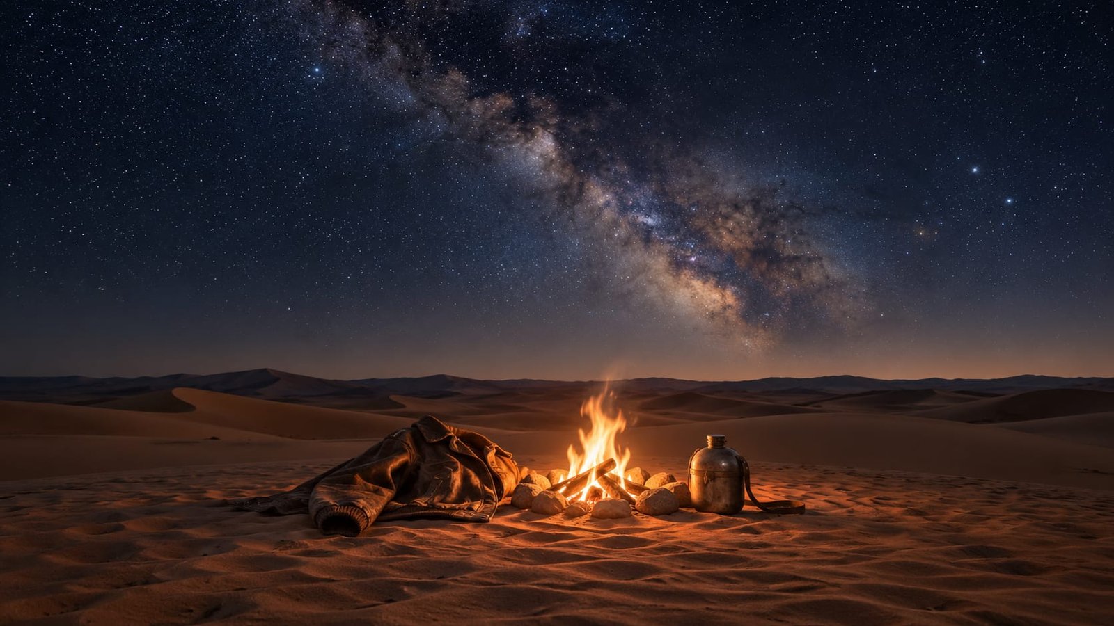 Dunas de deserto sem fim sob um céu noturno muito estrelado, com uma pequena fogueira ao lado de uma jaqueta de couro de aviador e um cantil