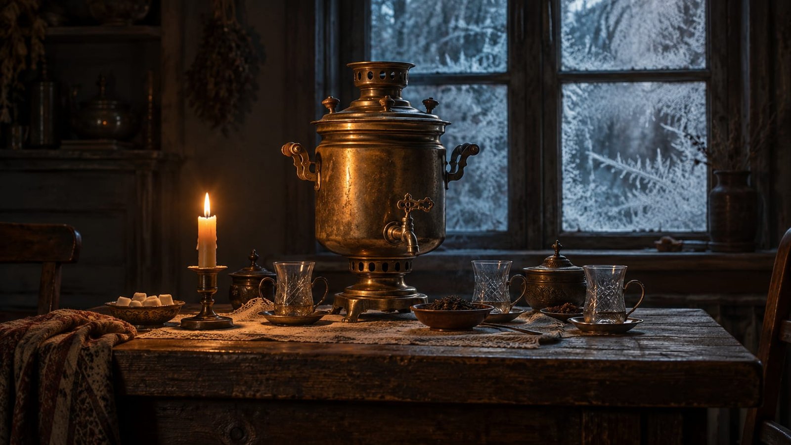 Mesa de madeira gasta com uma vela acesa, um samovar de latão apagado e copos vazios, numa sala escura de inverno