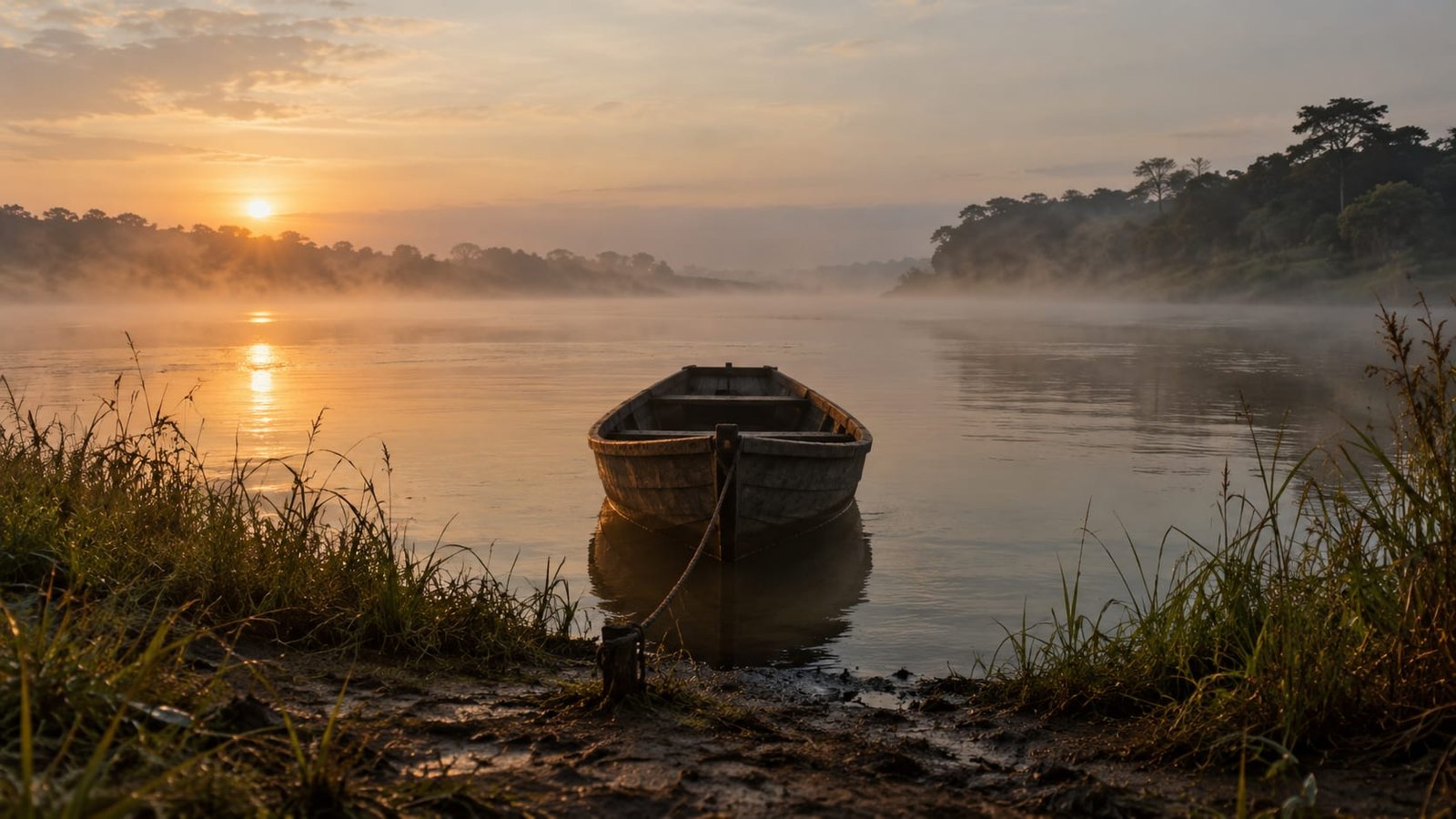 Rio largo e calmo ao amanhecer, com um barco de madeira vazio amarrado à margem e névoa sobre a água