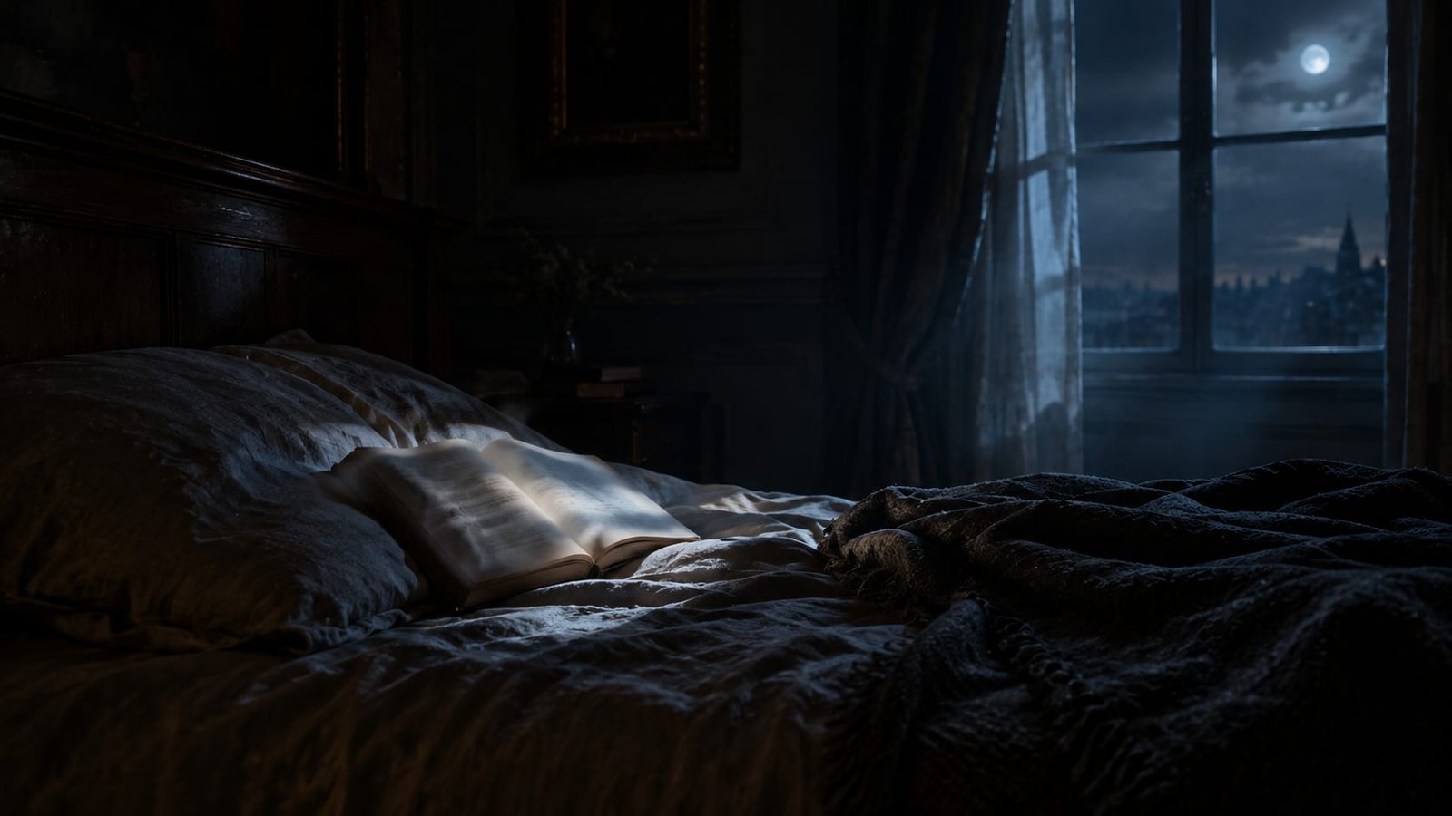 Quarto escuro à noite, com o luar caindo sobre uma cama desfeita e um livro aberto no travesseiro, as páginas levemente borradas como num sonho