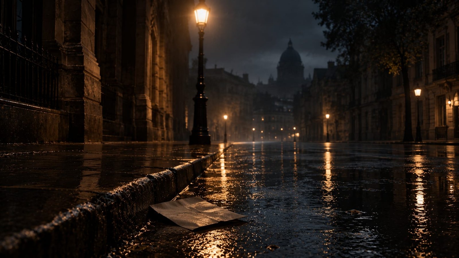 Rua deserta de uma cidade à noite depois da chuva, com um único poste aceso e uma folha de papel dobrada colada ao meio-fio molhado, sombras longas