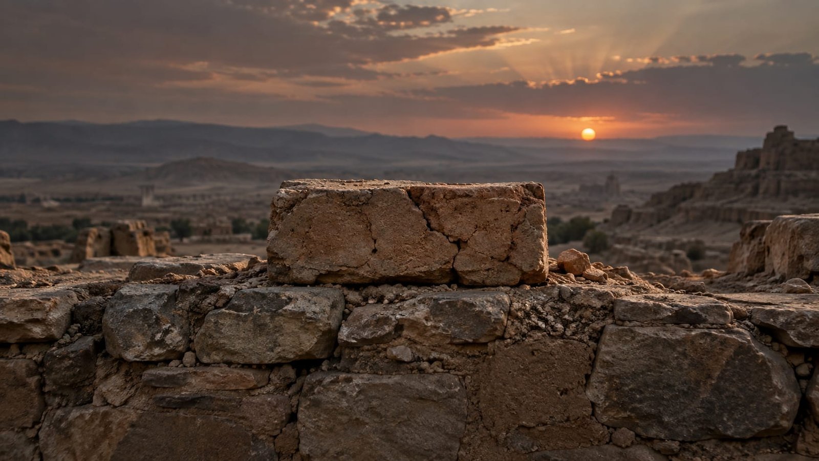 Um tijolo de barro antigo e rachado apoiado sobre uma muralha de pedra em ruínas, sob a luz baixa do entardecer no deserto.