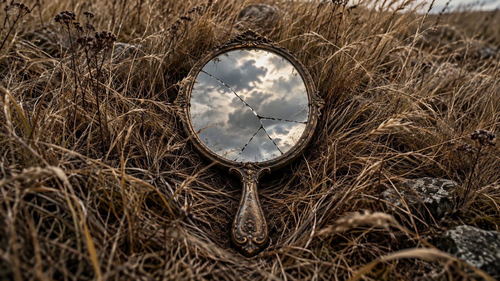 Um espelho de mão antigo e rachado, deitado voltado para cima em um gramado seco e alto, o vidro refletindo apenas o céu nublado.