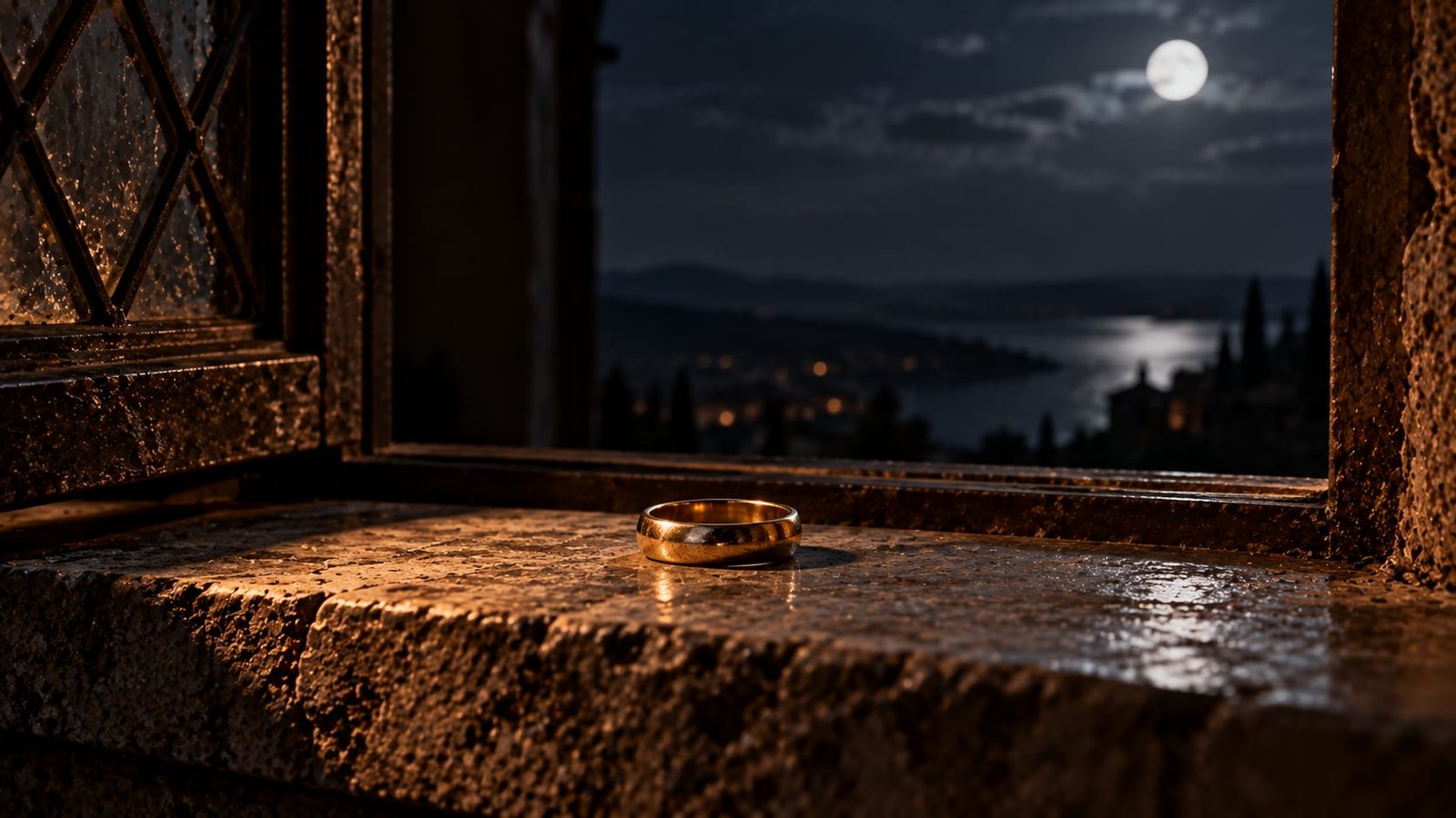 Um anel de ouro simples repousando sozinho no parapeito de pedra de uma janela à noite, o cômodo atrás dele escuro e vazio.