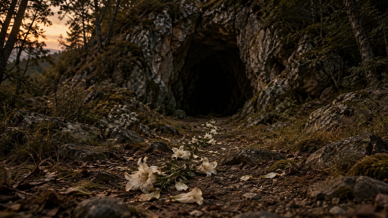 Uma trilha de flores brancas murchas conduzindo até a entrada escura de uma caverna, na beira de uma floresta ao entardecer.