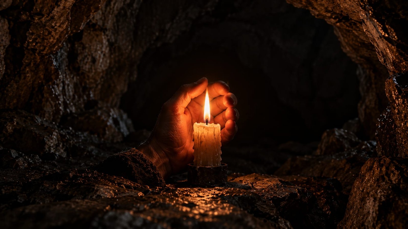 Uma única chama de vela protegida por uma mão em concha dentro de uma caverna escura de rocha, o resto do ambiente mergulhado em sombra.