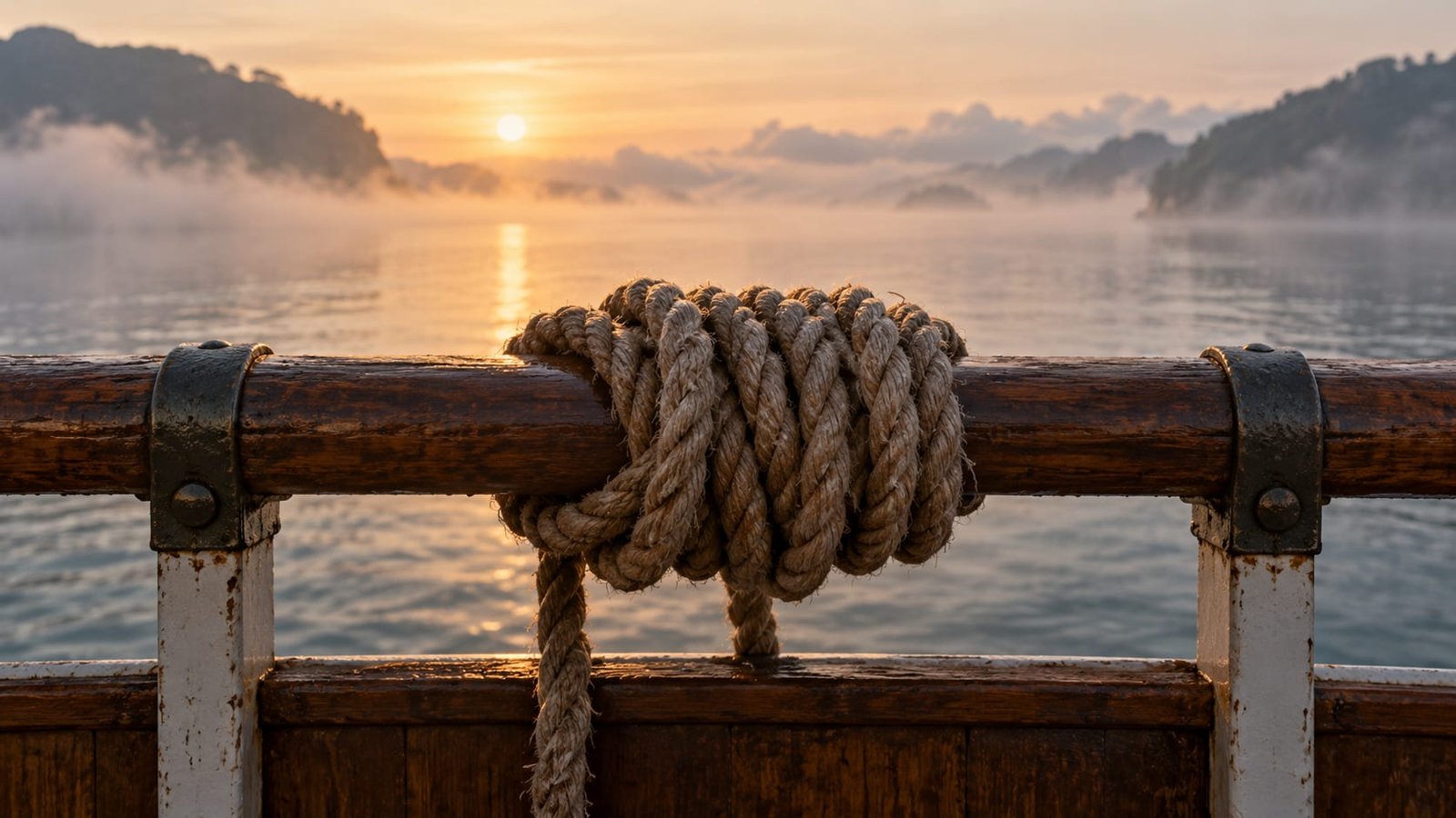 Uma corda grossa enrolada na amurada vazia de um navio ao amanhecer, névoa do mar pairando sobre a água parada, sem ninguém no convés.