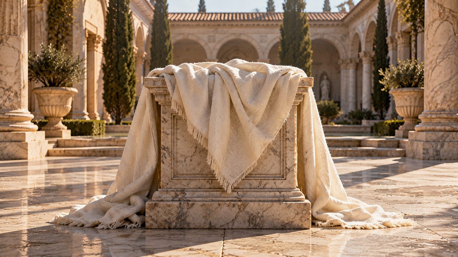 Dobras pesadas de tecido branco de lã sobre um pedestal de mármore vazio, num pátio romano iluminado pelo sol.