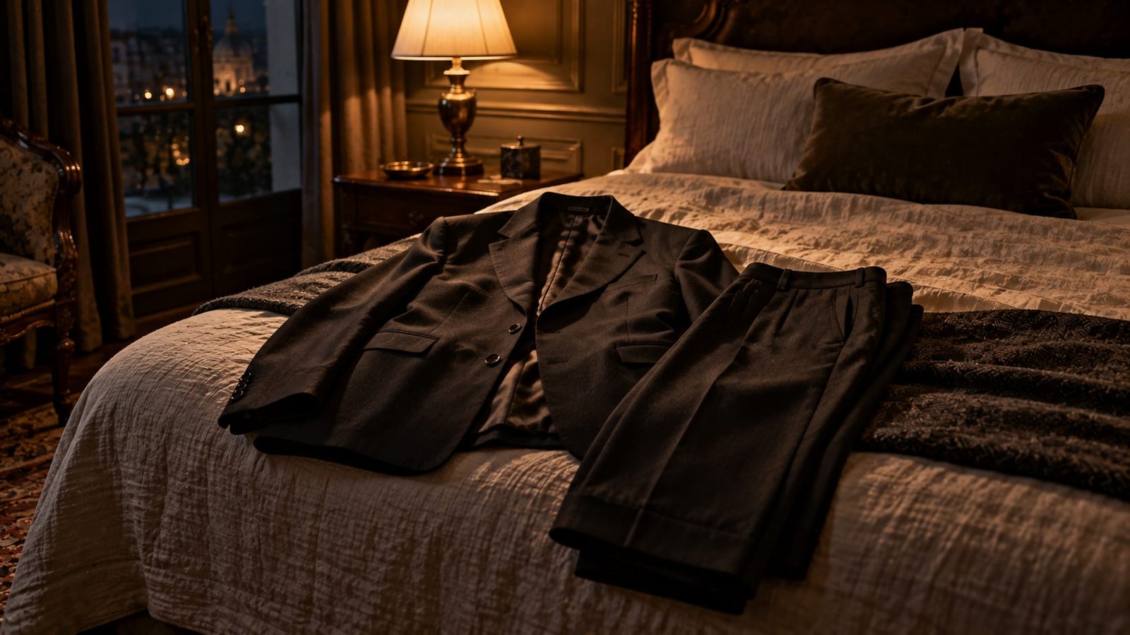 Um paletó preto de alfaiataria e uma calça combinando dispostos sobre uma cama num quarto pouco iluminado, à noite.