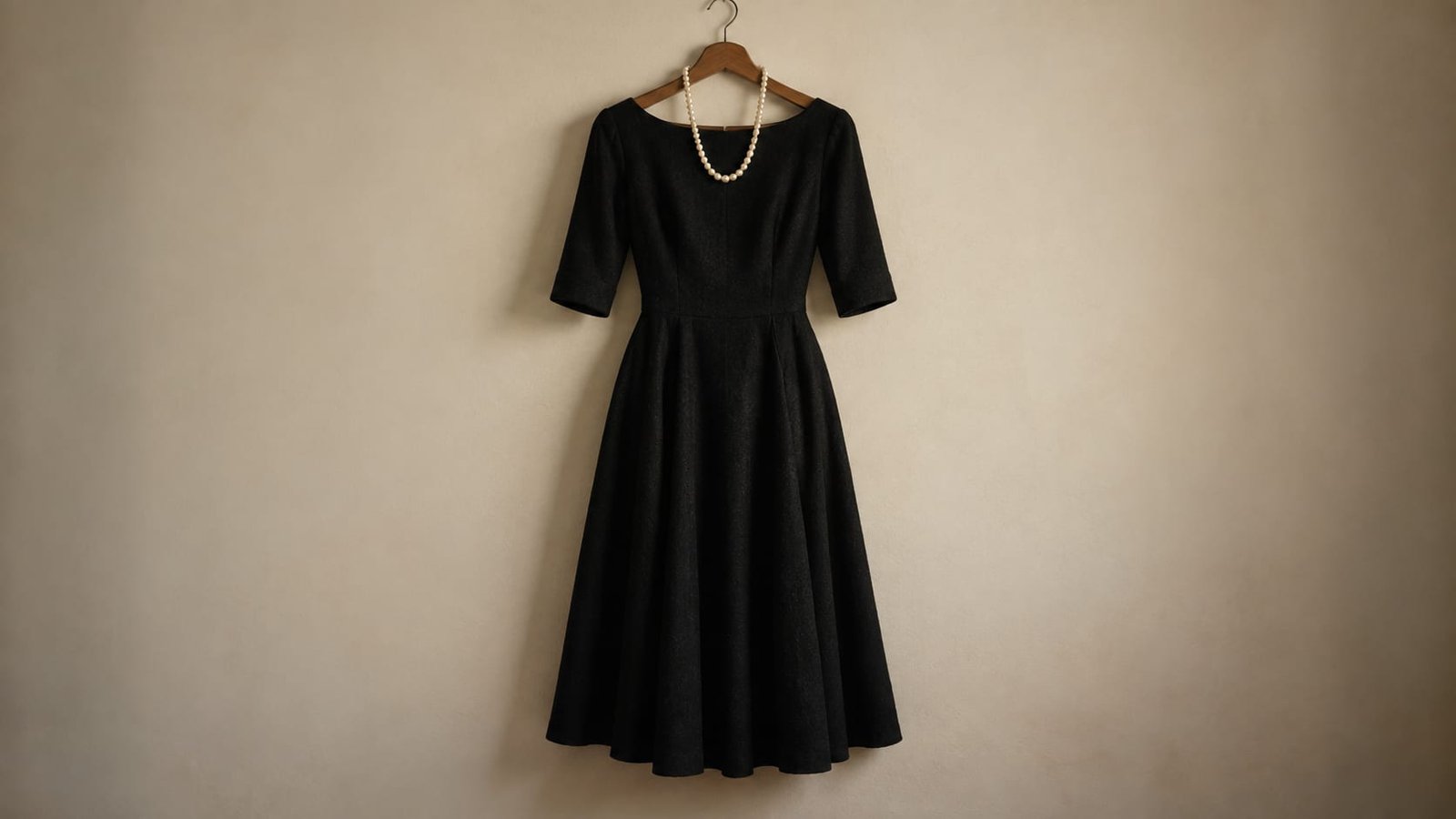 Um vestido preto simples num cabide de madeira contra uma parede clara, com um colar de pérolas pendurado ao lado.