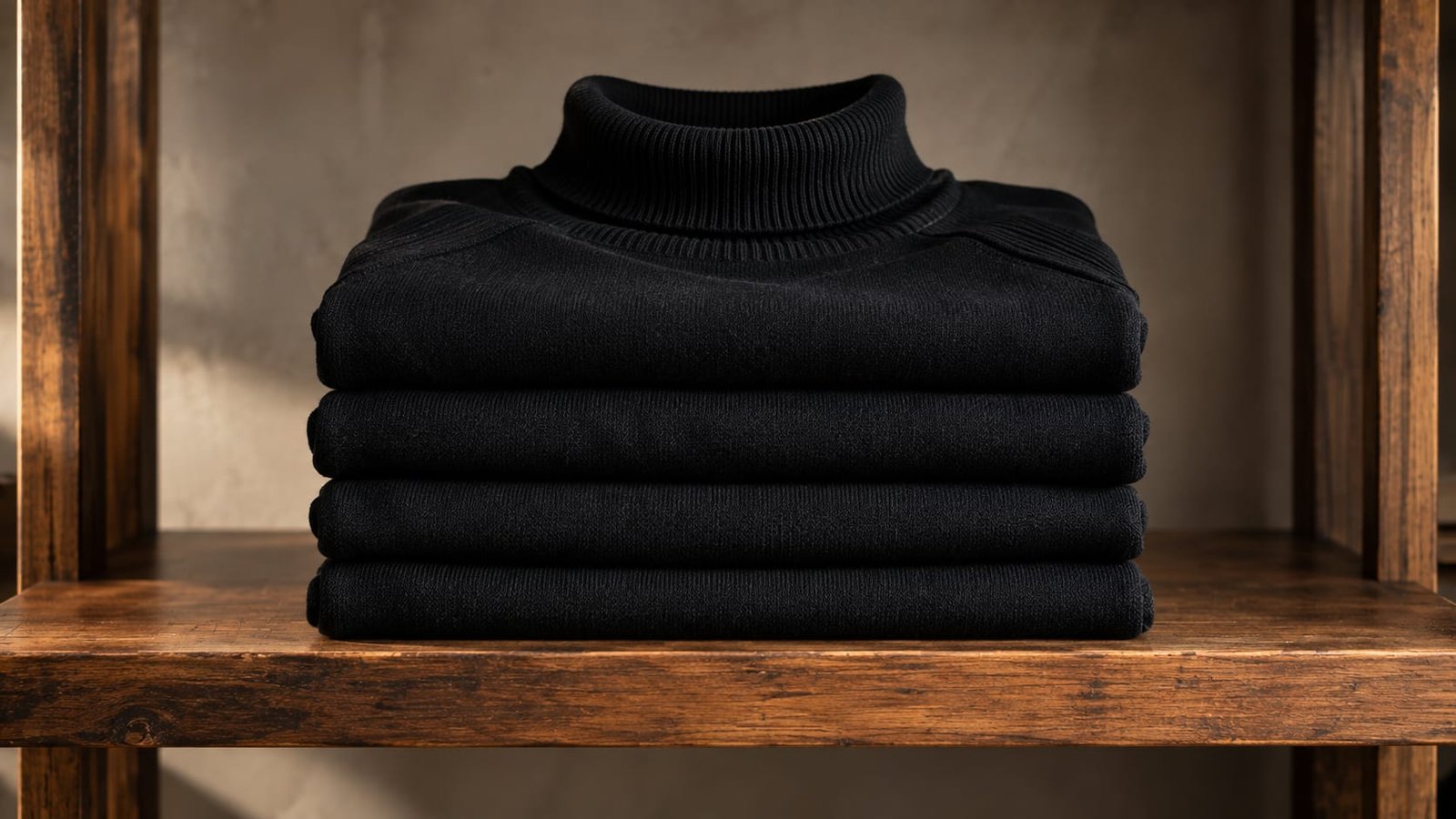 Várias blusas pretas de gola alta idênticas dobradas em pilha sobre uma prateleira de madeira, luz neutra.