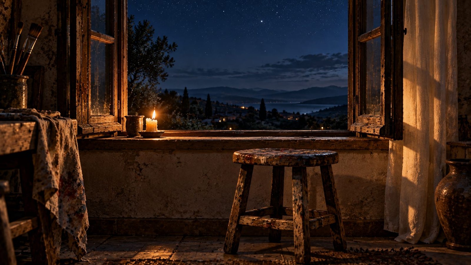 Banquinho de madeira manchado de tinta ao lado de uma janela aberta à noite, com uma vela quase no fim sobre o parapeito e estrelas tênues num céu azul-escuro