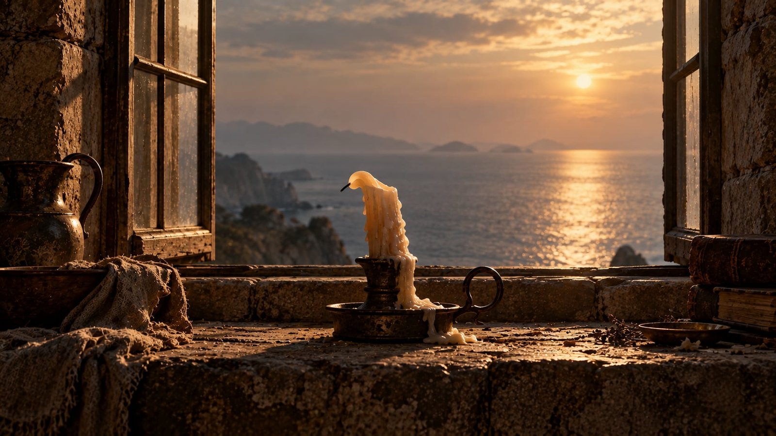 Vela de cera curvada e amolecida pelo calor da tarde num parapeito de pedra, diante de um mar parado e enevoado, com sombras longas e nenhuma pessoa