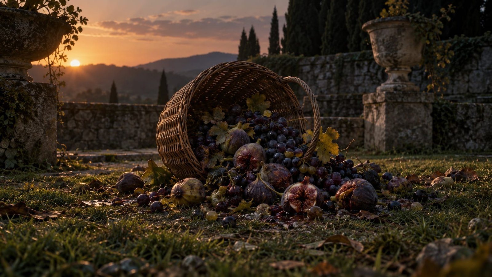 Jardim murado ao entardecer, com um cesto de vime tombado derramando figos e uvas maduros demais sobre a grama, algumas frutas já amassadas e fermentando, enquanto a luz quente se apaga