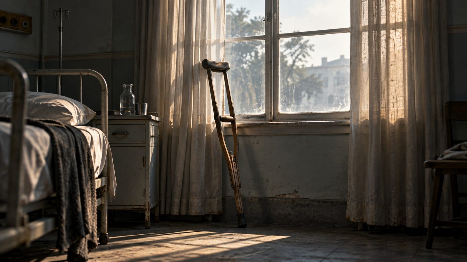 Uma muleta de madeira antiga apoiada contra a janela de um quarto de hospital, luz fria da manhã entrando pelas cortinas entreabertas.