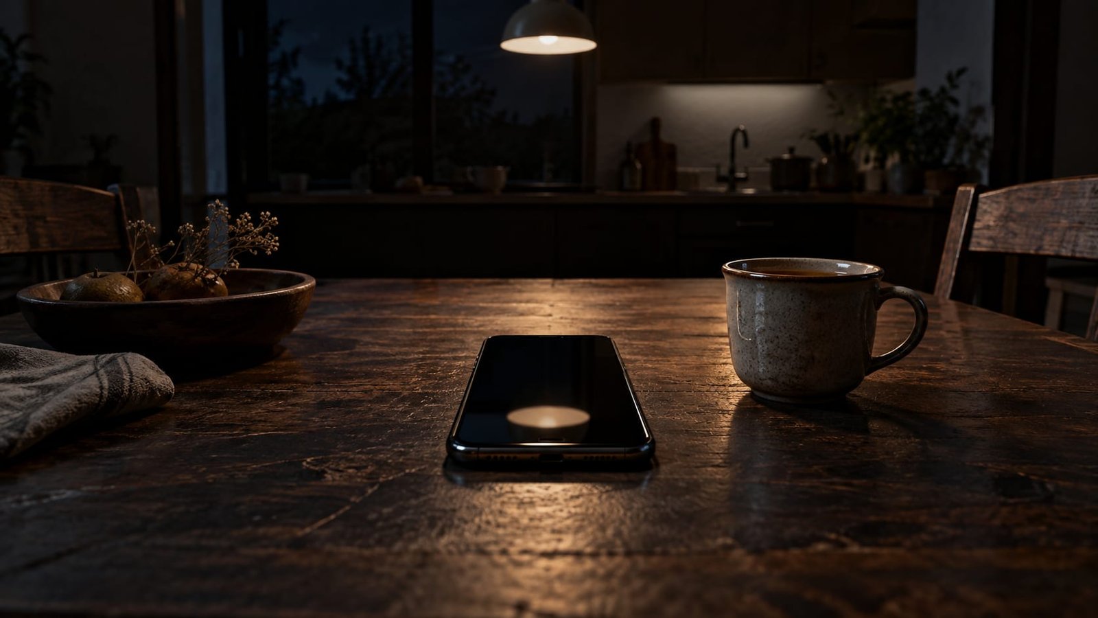 Celular desligado sobre uma mesa escura à noite, com a tela preta refletindo de leve uma luminária, ao lado de uma xícara de chá já fria