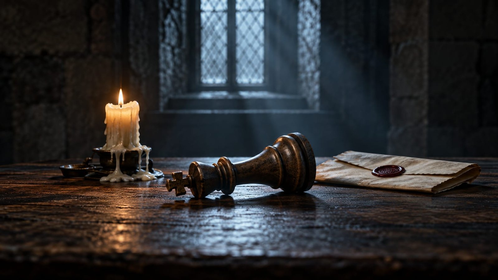 Rei de xadrez de madeira tombado ao lado de uma vela derretida e de uma carta fechada com lacre vermelho, sobre uma mesa de carvalho escura, sob a luz fria de uma janela estreita