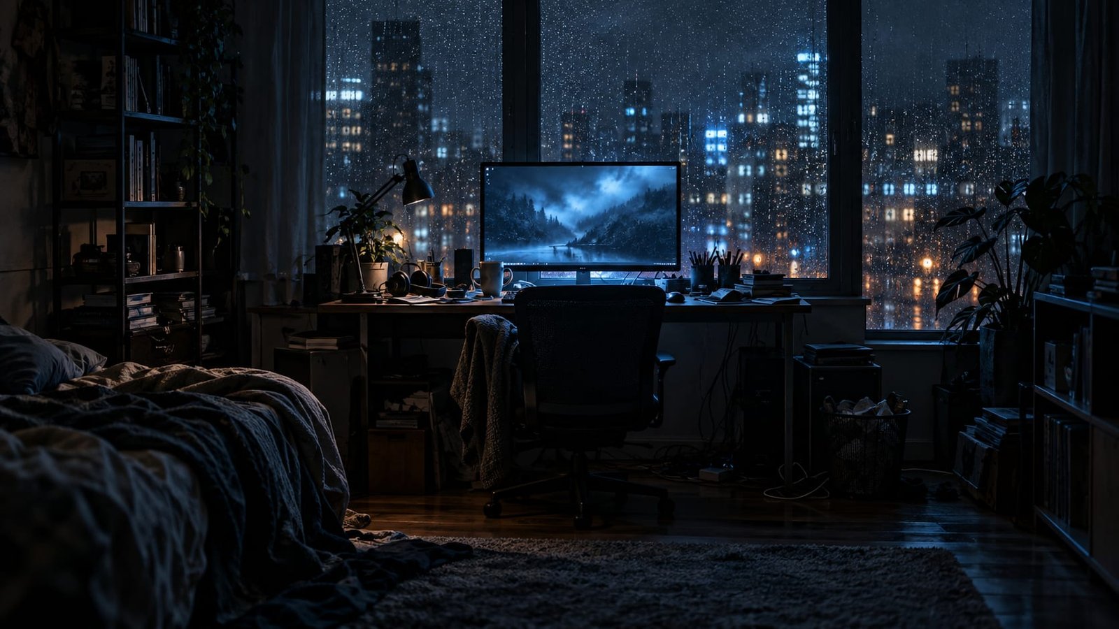 Quarto escuro iluminado apenas pelo brilho azulado de um monitor sobre uma escrivaninha bagunçada, com uma caneca vazia e a chuva escorrendo na janela