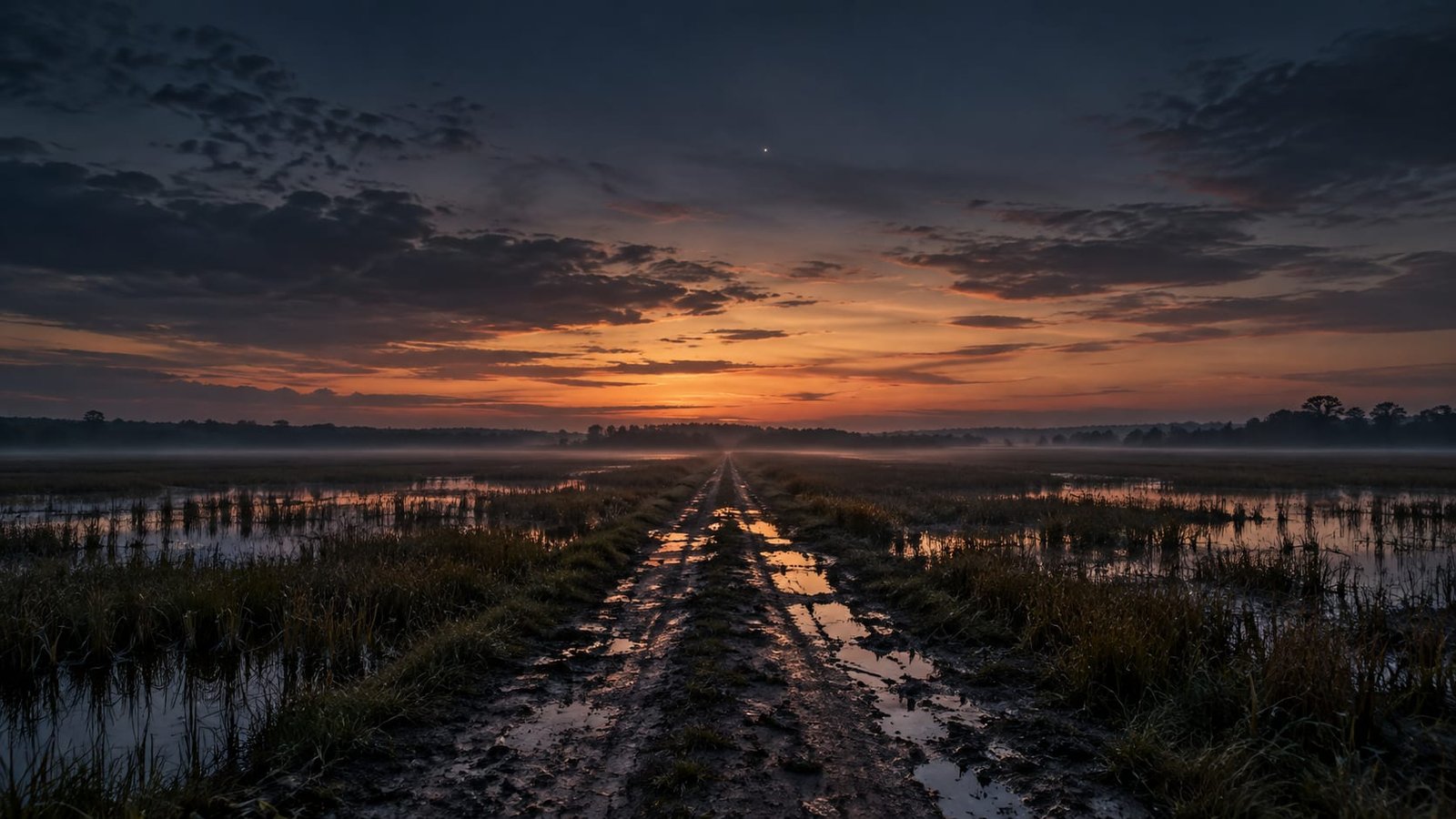 Planície alagada ao anoitecer sob um céu enorme, com uma estrada de terra sumindo no horizonte e uma única estrela surgindo acima da linha das árvores