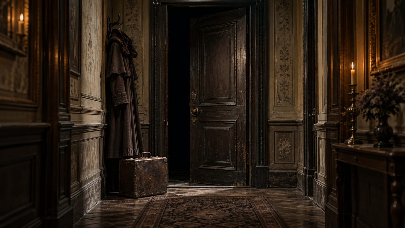 Um casaco e uma única mala deixados perto de uma porta de entrada, em um corredor de apartamento do século XIX pouco iluminado, a porta entreaberta para a escuridão, sem pessoas visíveis
