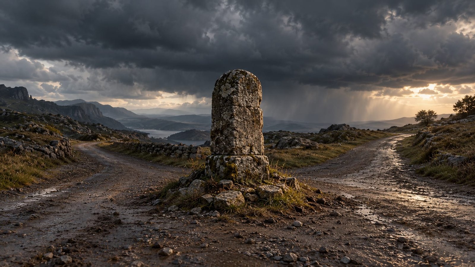 Um antigo marco de pedra em um cruzamento de três estradas desgastadas, sob um céu tempestuoso, sem pessoas visíveis