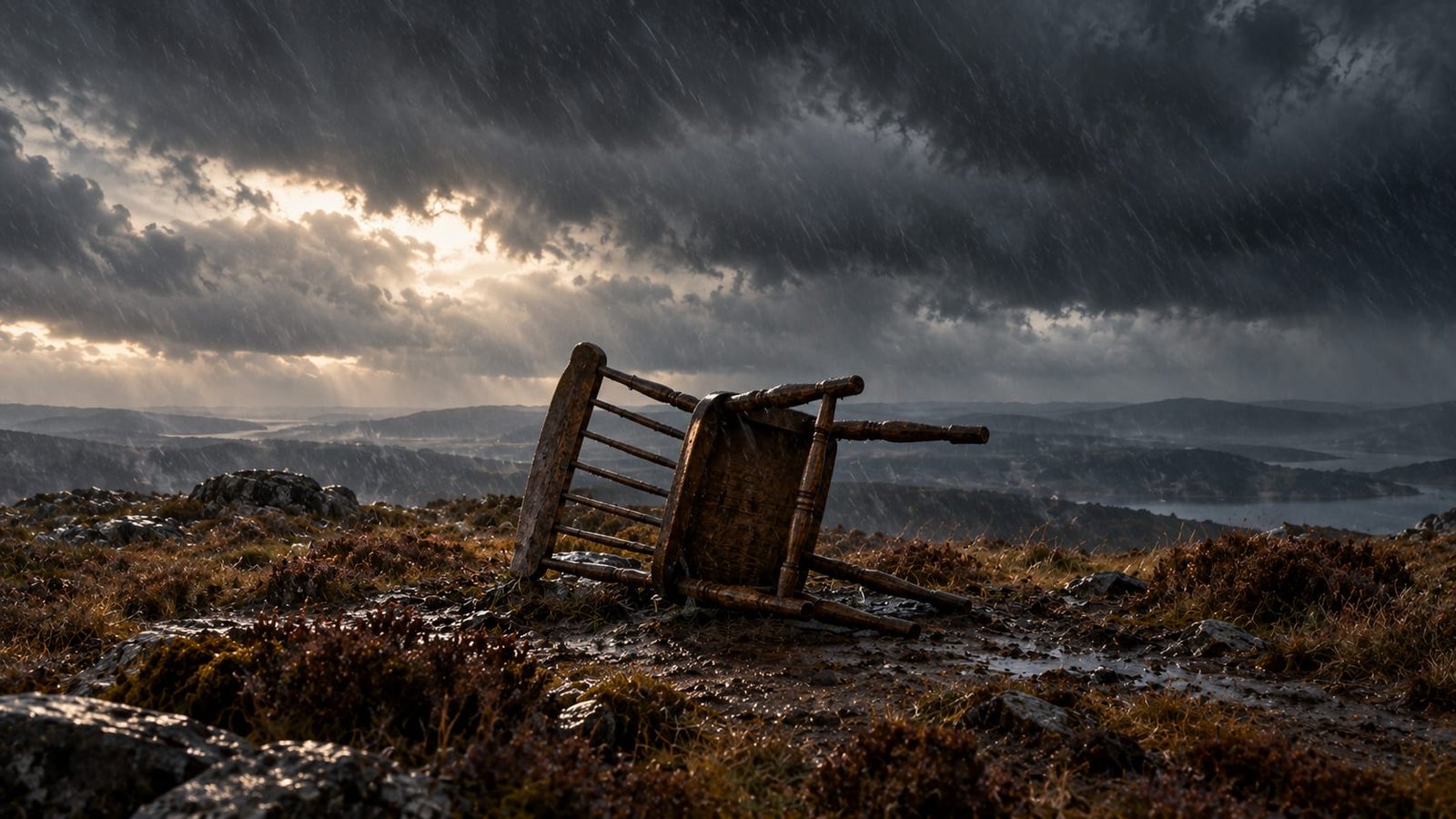 Uma cadeira de madeira vazia e derrubada numa charneca varrida pelo vento sob um céu tempestuoso escuro, chuva batendo de lado, sem pessoas visíveis