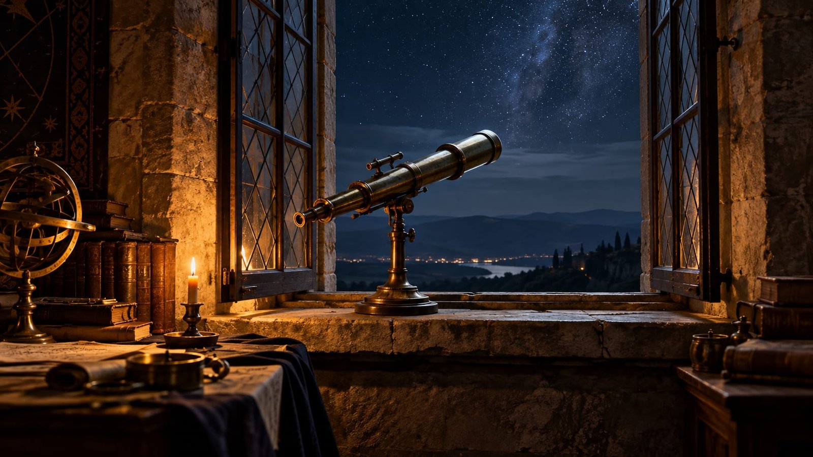 Um telescópio de latão antigo apoiado no parapeito de pedra de uma janela à noite, apontado para um céu estrelado, luz quente de vela vindo de dentro do cômodo, sem pessoas visíveis