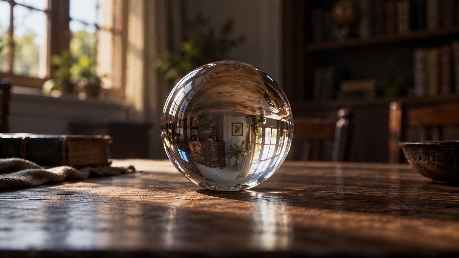 Uma esfera de vidro transparente sobre uma mesa refletindo de forma distorcida o quarto ao redor, isolando o que está dentro dela