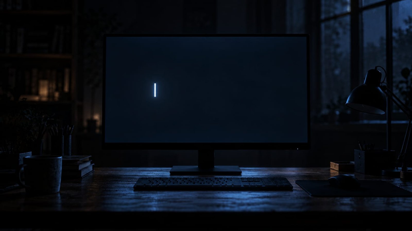 Um cursor piscando numa tela em branco sobre uma mesa escura, num quarto silencioso iluminado só pela luz do monitor