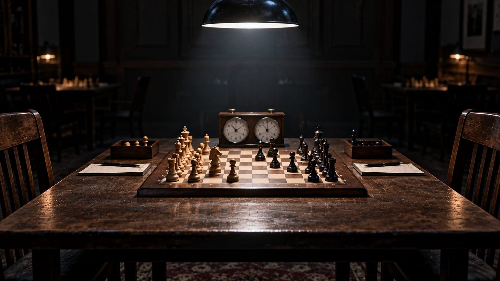 Um tabuleiro de xadrez de madeira com peças no meio de uma partida, sob luz fria, um relógio de torneio ao lado marcando o tempo