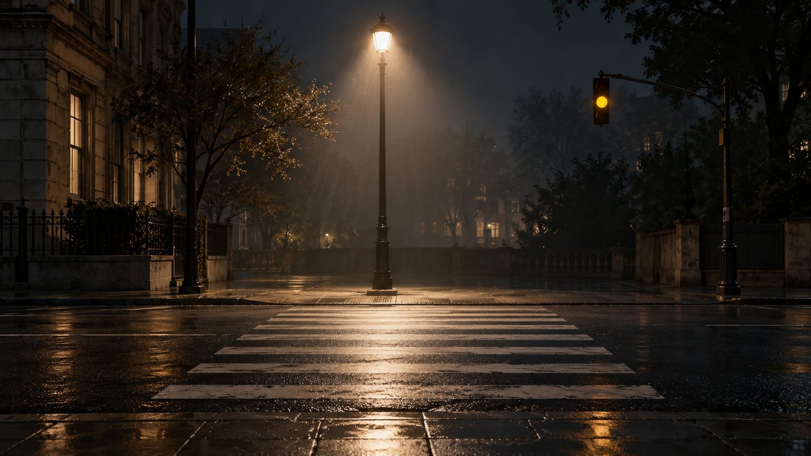 Uma faixa de pedestre vazia à noite sob a luz de um poste, com um semáforo piscando amarelo ao fundo