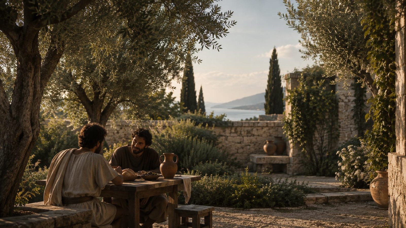 Jardim mediterrâneo murado com oliveiras e uma mesa simples com pão, azeitonas e uma jarra de água