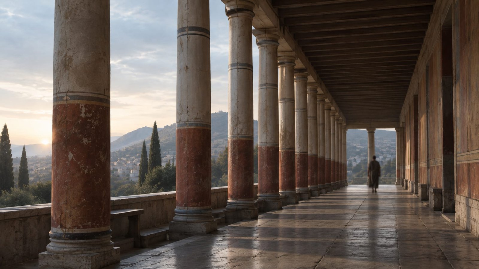 Pórtico grego ao amanhecer, com colunas ocre desbotadas e uma figura distante caminhando sozinha