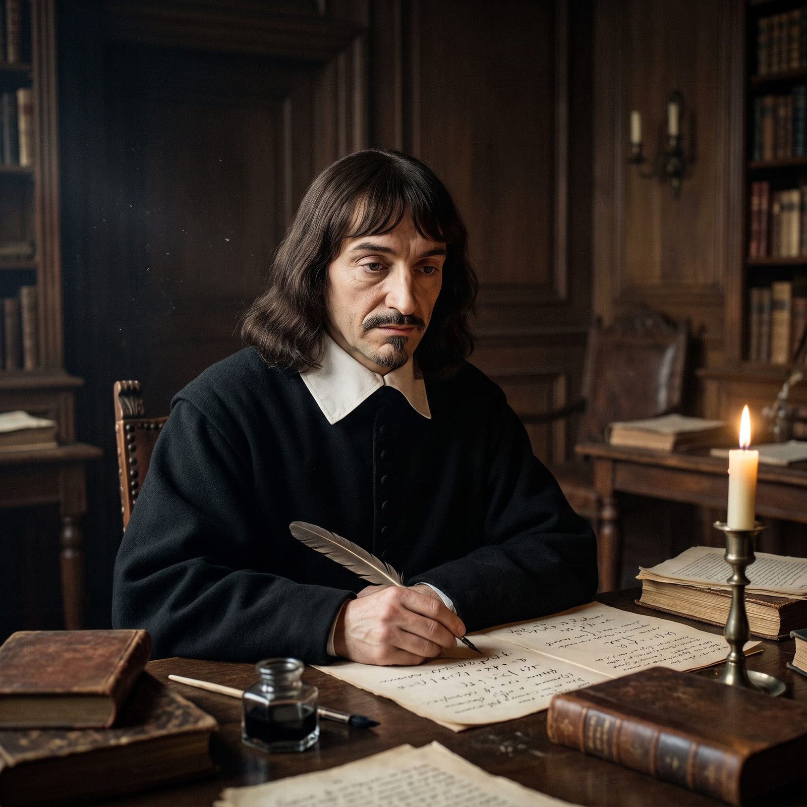 Descartes, de cabelo longo escuro e colarinho branco, escrevendo com pena à luz de vela em um escritório com estantes