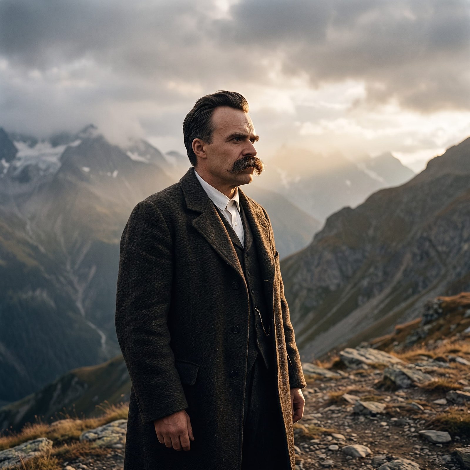 Nietzsche, de bigode espesso e casaco escuro, em um penhasco nos Alpes sob um céu dramático