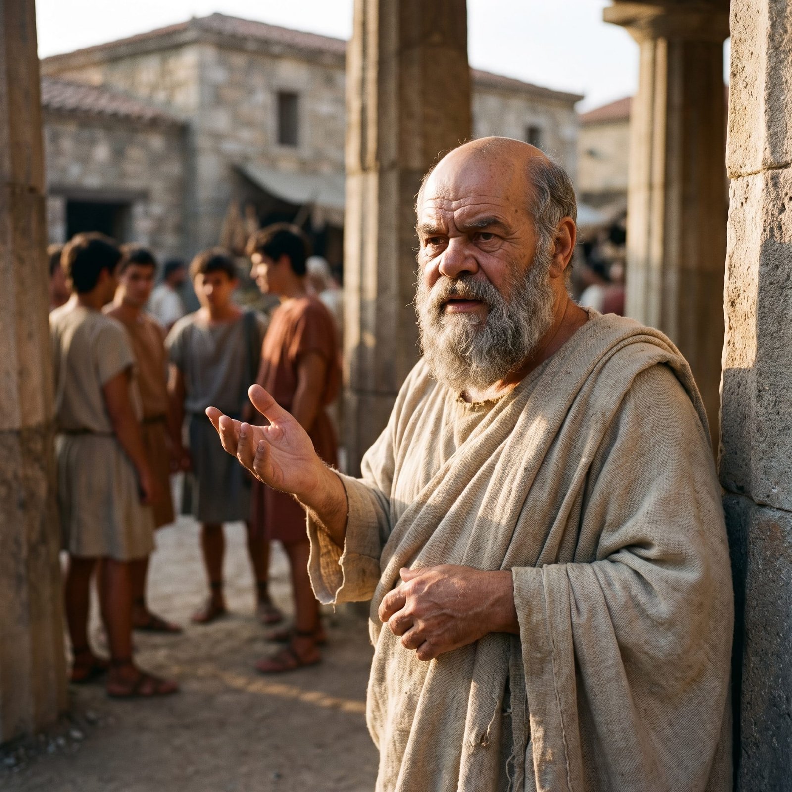 Sócrates, ancião calvo e barbado, ensinando sob um pórtico grego