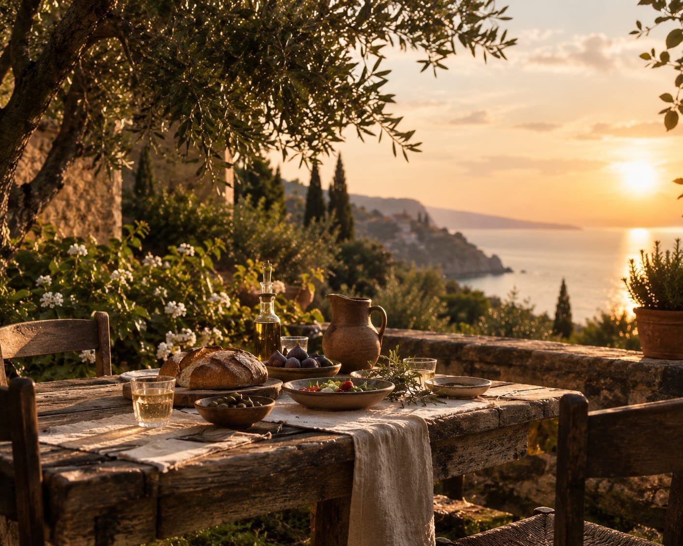Mesa de jardim mediterrâneo posta para uma refeição compartilhada, na hora dourada