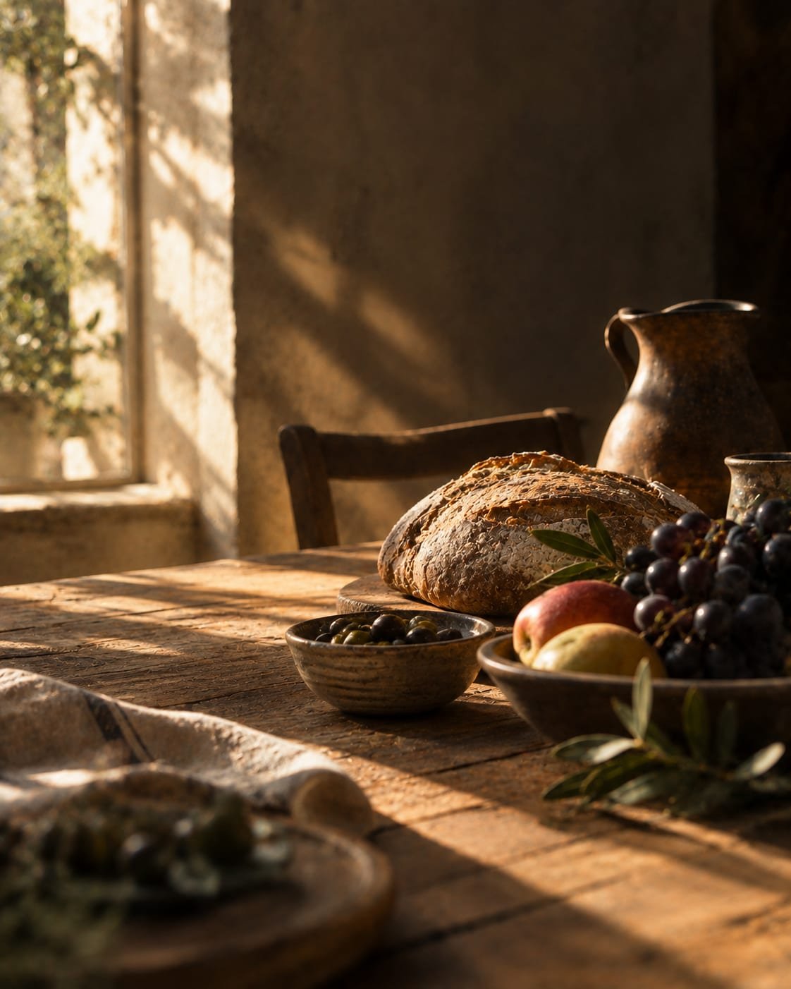 Luz de tarde sobre uma mesa de madeira simples com pão e frutas