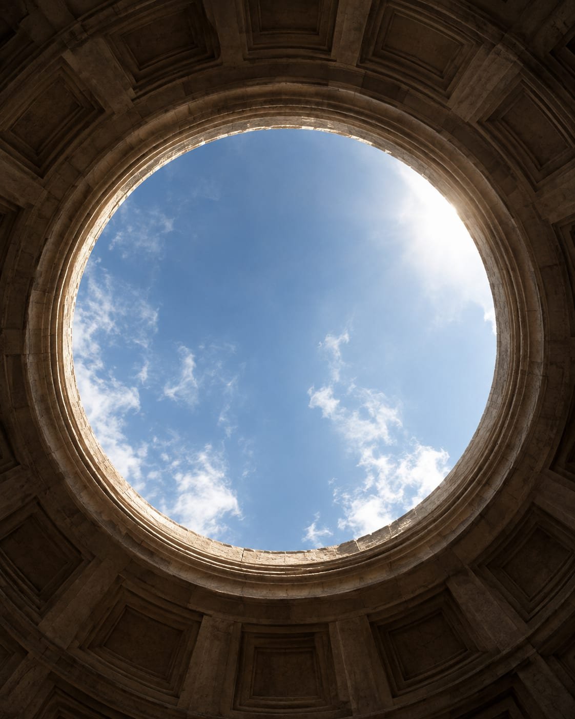 Vista de baixo para cima através de um óculo circular aberto para o céu