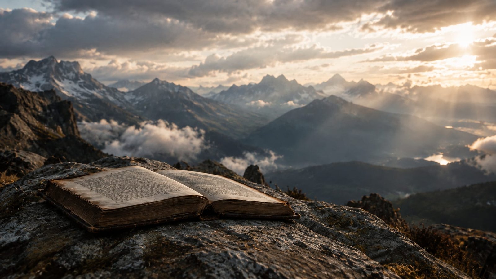 Livro gasto aberto sobre uma rocha em um mirante alpino, com nuvens dramáticas ao fundo
