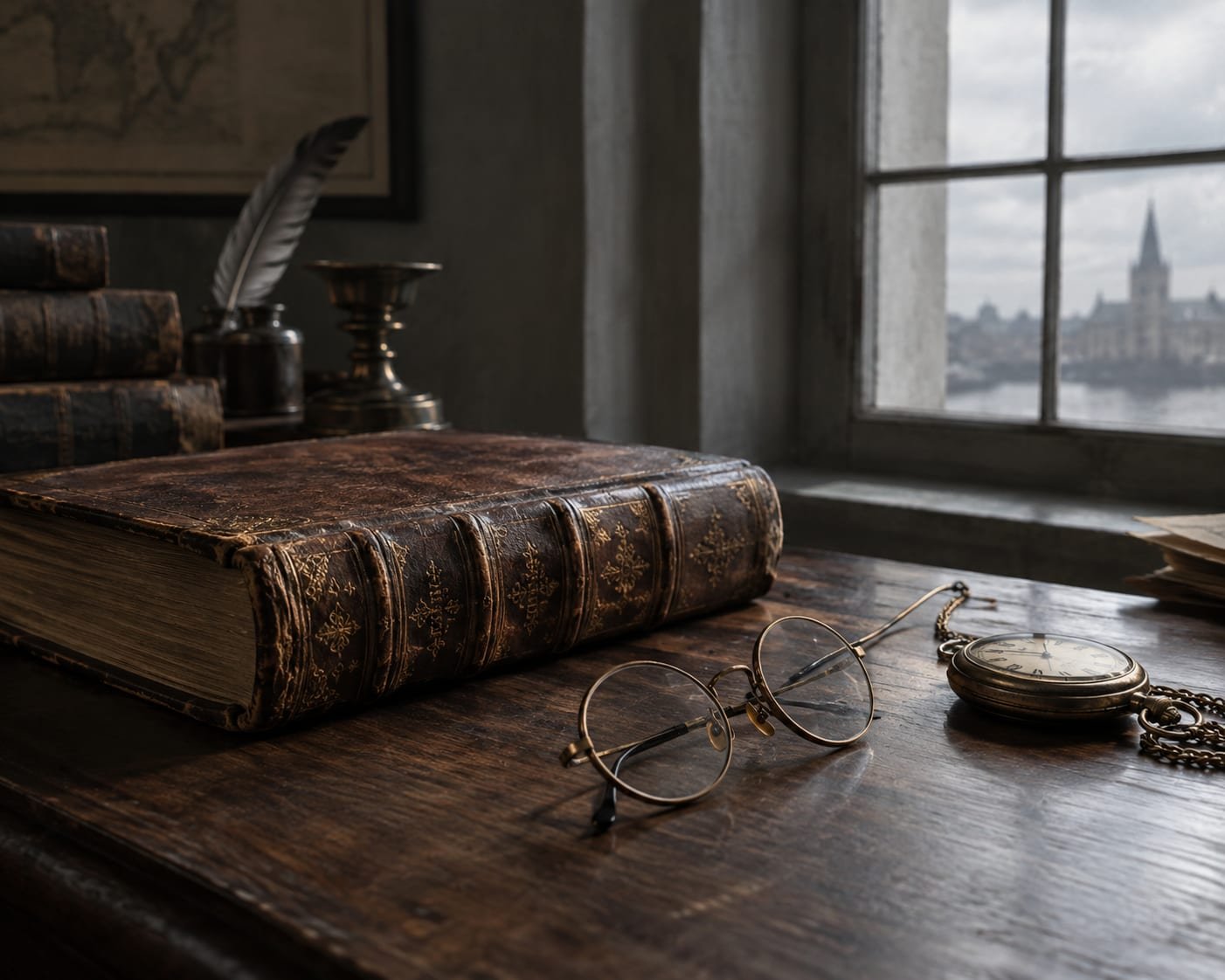 Volume encadernado do século XVIII fechado sobre uma mesa, ao lado de óculos de aro fino e um relógio de bolso
