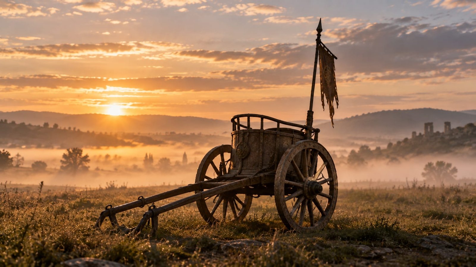 Carro antigo de duas rodas, com um estandarte rasgado, parado em um campo ao amanhecer, com névoa no vale e ruínas ao fundo